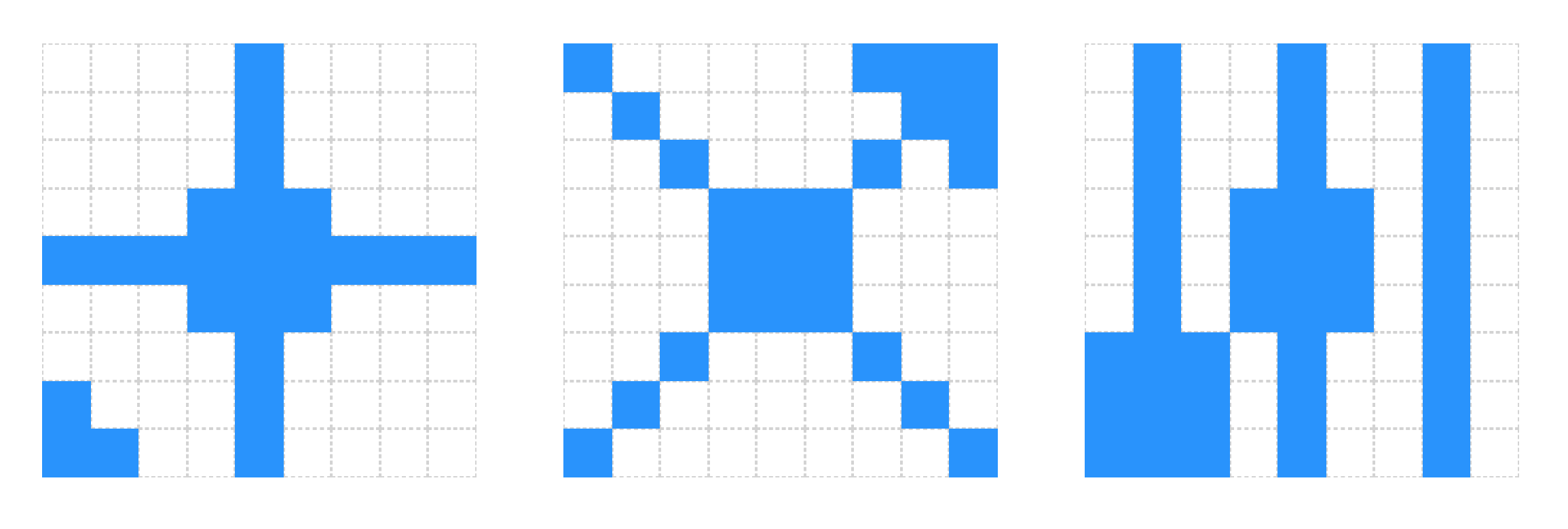 asymmetric shapes made of squares in a grid